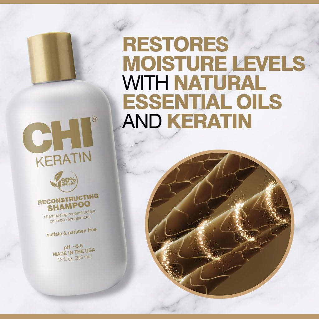 CHI Keratin Reconstructing Shampoo, Delivers Healthier Hair, Adds Shine & Helps Prevent Future Breakage, Sulfate, Paraben, & Cruelty-Free, 12 Oz